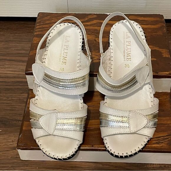 NWOB La Plume Women’s Anya Sandal Velcro Strap White Silver Gold Sz IT 38 US 7.5 - Picture 7 of 15